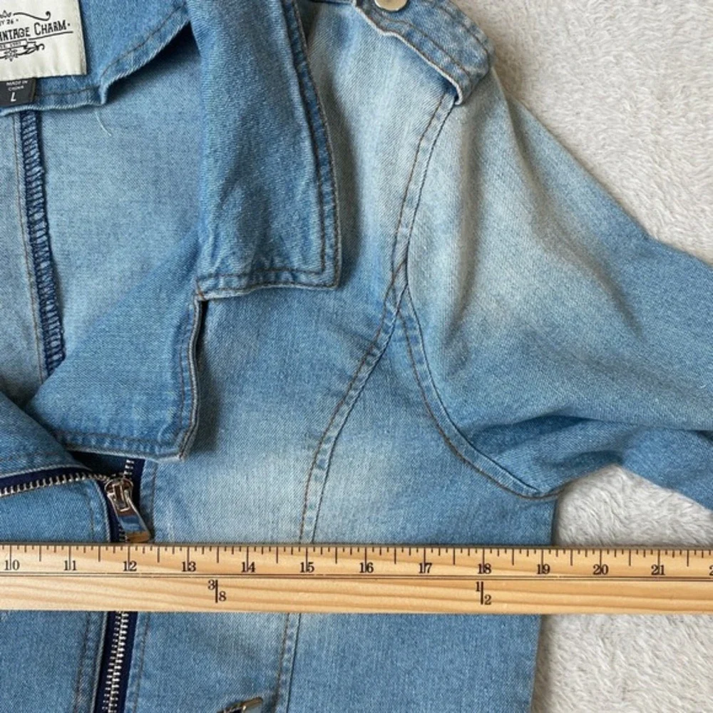 Ashley Vintage Charm Y2K Bikercore Moto Denim Jacket Women L‎ Blue Grunge